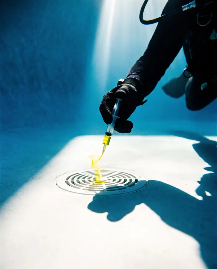 A diver releases dye beside the main drain on the floor of the deep end.