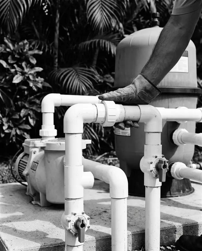 A gloved hand checks a pipe union for moisture at a pool equipment pad with a pump, filter and valves.