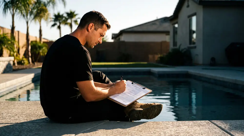 A technician sitting at the edge of a pool writes findings on a paper inspection report.