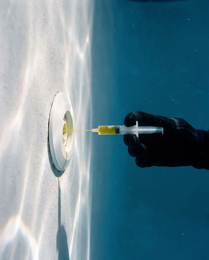 A thin wisp of yellow dye drifting from a syringe into the gap around a pool return fitting.