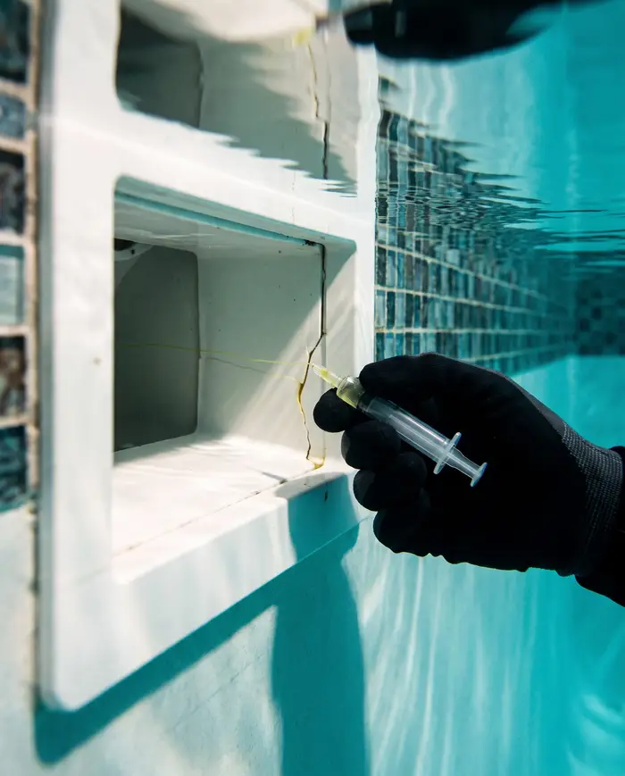 Dye being drawn into a crack at the corner of a skimmer opening at the waterline.
