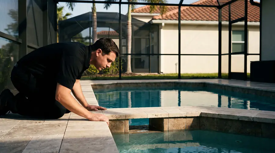 A technician kneels at the edge of a screened pool in South Florida, studying the water beside the skimmer.