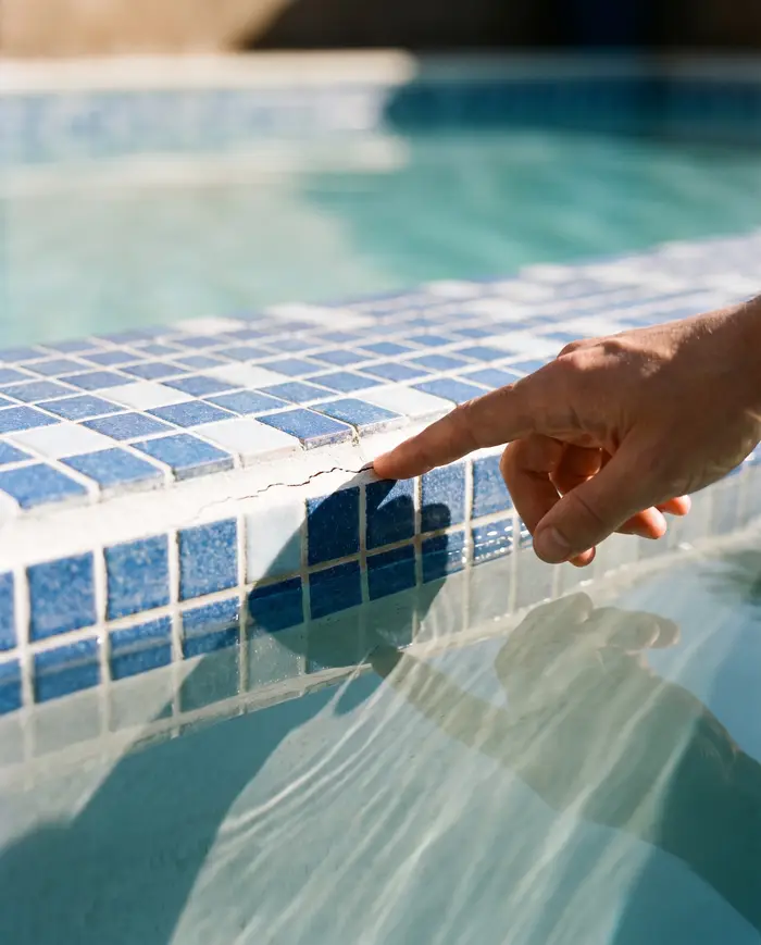 A finger tracing a hairline crack in the grout of blue mosaic waterline tile.